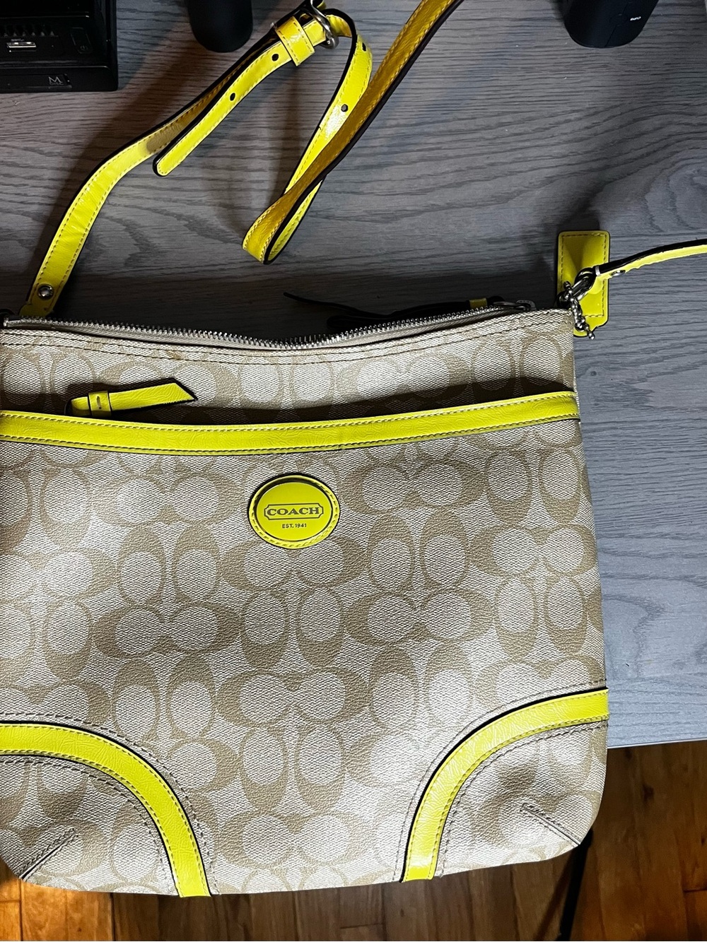 Coach Beige Signature Crossbody with Bright Yellow Trim
